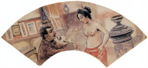 扇面・ビゴーと腰巻姿のモデル [ジョルジュ・ビゴー, ジョルジュ・ビゴー展 明治日本を生きたフランス人画家より]のサムネイル画像