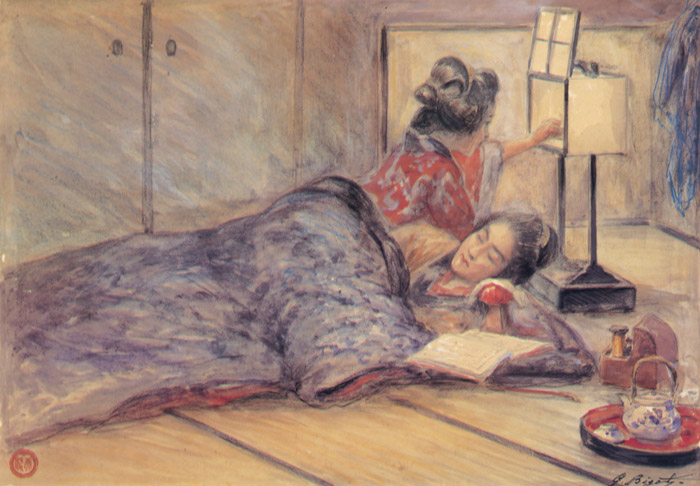 Switching off time for two young girls. [Georges Ferdinand Bigot,  from Georges Bigot: Il y a cent ans, un artiste Francais au Japon]