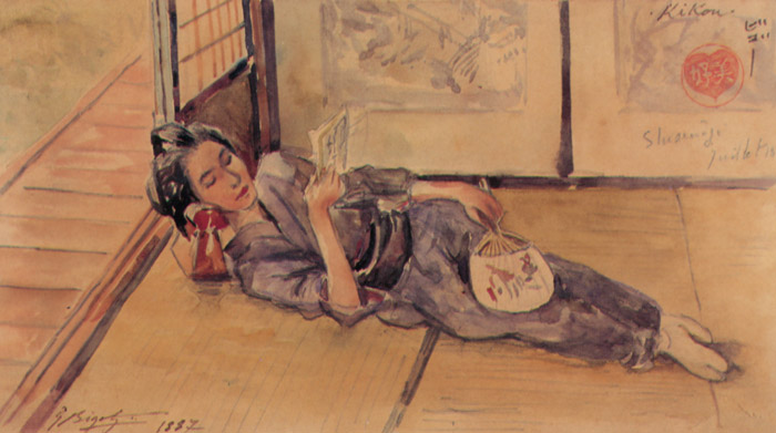 Kiku reading a letter. Shuzenji, July 1887. [Georges Ferdinand Bigot,  from Georges Bigot: Il y a cent ans, un artiste Francais au Japon]