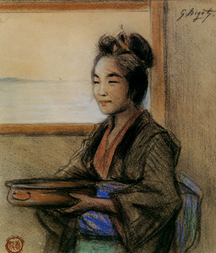 鉢を運ぶ女 [ジョルジュ・ビゴー, ジョルジュ・ビゴー展 明治日本を生きたフランス人画家より] パブリックドメイン画像 
