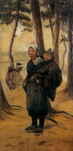 Peasant women with their children, crossing paths to Narita. [Georges Ferdinand Bigot,  from Georges Bigot: Il y a cent ans un artiste Francais au Japon]