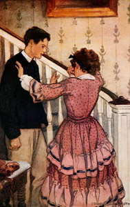 手すりを持って、彼女は彼をそっと追い払った。（若草物語） [ジェシー・ウィルコックス・スミス, 1915年, ジェシー・W・スミス：アメリカンイラストレーターより]のサムネイル画像