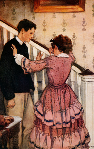 手すりを持って、彼女は彼をそっと追い払った。（若草物語） [ジェシー・ウィルコックス・スミス, 1915年, ジェシー・W・スミス：アメリカンイラストレーターより] パブリックドメイン画像 