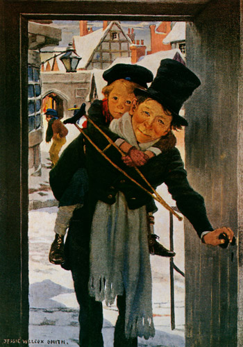 クリスマスの日の小さなティムとボブ・クラチット [ジェシー・ウィルコックス・スミス, 1912年, ジェシー・W・スミス：アメリカンイラストレーターより] パブリックドメイン画像 