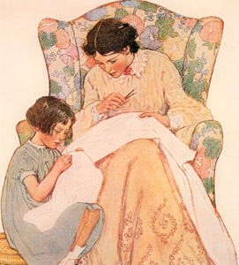 エリザベスは足元の小さな籐の足のせ台に座っていました [ジェシー・ウィルコックス・スミス, 1915年, ジェシー・W・スミス：アメリカンイラストレーターより]のサムネイル画像