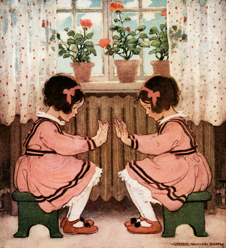 自宅でくつろぐ双子 [ジェシー・ウィルコックス・スミス, 1924年, ジェシー・W・スミス：アメリカンイラストレーターより] パブリックドメイン画像 