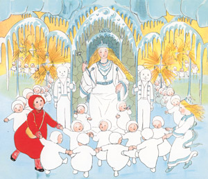 挿絵7 (女王様の前で踊るゆきのこたちとお姫さまとマリーレンちゃん） [ジビュレ・フォン オルファース, ゆきのおしろへより]のサムネイル画像