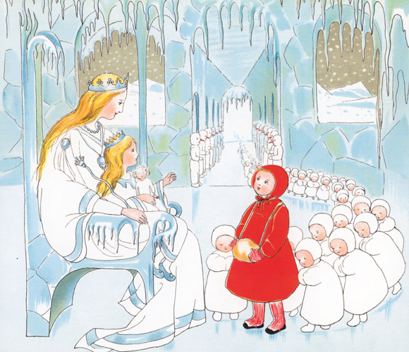 Plate 4 (A girl greeting the queen and princess) [Sibylle von Olfers,  from The Story of the Snow Children]