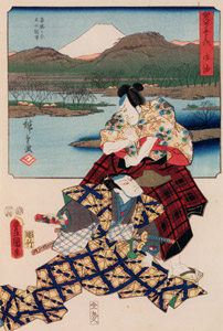 Goyu: The Honno Plain with a Panoramic View of Mount Fuji; Actors Matsumoto Kôshirô V as Yamamoto  and Bandô Mitsugorô III as Naoe [Utagawa Kunisada, Utagawa Hiroshige, 1855, from The Fifty-three Stations by Two Brushes (Nazotoki Ukiyo-e Sōsho)] Thumbnail Images