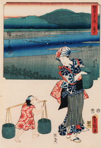 Fuchû: Fording the Abe River; Gathering Abe Tea [Utagawa Kunisada, Utagawa Hiroshige, 1854, from The Fifty-three Stations by Two Brushes (Nazotoki Ukiyo-e Sōsho)] Thumbnail Images