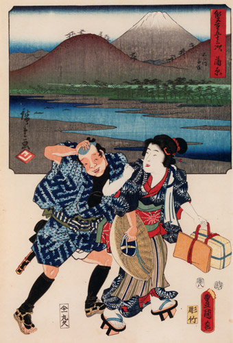 Kanbara: Ferry at the Fuji River; Pulling in Customers for an Inn [Utagawa Kunisada, Utagawa Hiroshige, 1854, from The Fifty-three Stations by Two Brushes (Nazotoki Ukiyo-e Sōsho)]