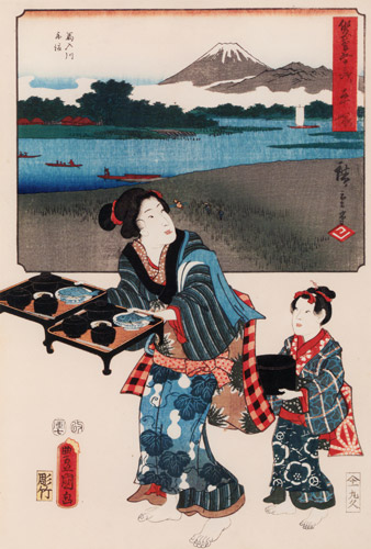 Hiratsuka: Ferry at the Banyû River; Serving Women at an Inn with Food [Utagawa Kunisada, Utagawa Hiroshige, 1854, from The Fifty-three Stations by Two Brushes (Nazotoki Ukiyo-e Sōsho)]