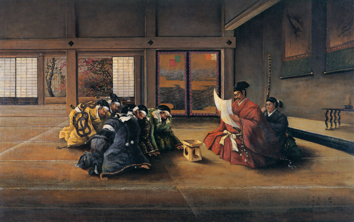 Oda Nobunaga Showing a Secret Imperial Command to his Elderly Subjects [Takahashi Yuichi, 1892, from Takahashi Yuichi: A Pioneer of Modern Western-style Painting]