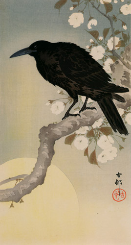 Cherry Blossoms and Crow with Moon [Ohara Koson,  from Hanga Geijutsu no.181]