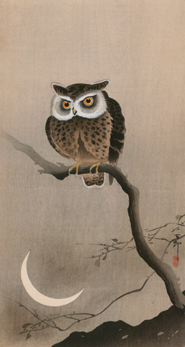 Horned Owl with Moon [Ohara Koson,  from Hanga Geijutsu no.181]