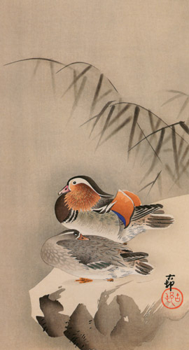 Mandarin Ducks in Snow [Ohara Koson,  from Hanga Geijutsu no.181]