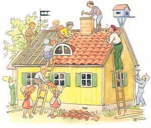 挿絵16 (ペーテルおじさんの家の屋根に瓦を敷き詰める子供たち） [エルサ・ベスコフ, ペーテルおじさんより]のサムネイル画像