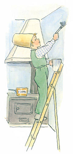 挿絵15 (台所の壁を塗る男の子） [エルサ・ベスコフ, ペーテルおじさんより] パブリックドメイン画像 