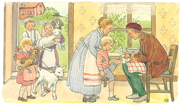 Plate 8 (Peter Treats People’s Injuries and Animals’ Illnesses) [Elsa Beskow,  from Peter’s Old House]