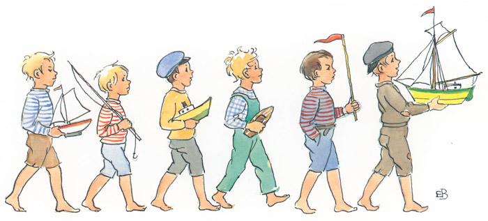 Plate 7 (Children Walking with Boats Given by Peter) [Elsa Beskow,  from Peter’s Old House]