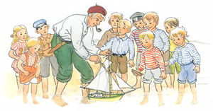 挿絵6 (作った船を浮かべるペーテルおじさんと子供たち） [エルサ・ベスコフ, ペーテルおじさんより]のサムネイル画像