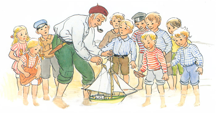 Plate 6 (Peter and Children Floating A Boat) [Elsa Beskow,  from Peter’s Old House]