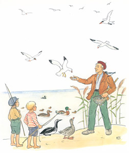 鳥たちに餌を与えるペーテルおじさん [エルサ・ベスコフ, ペーテルおじさんより]のサムネイル画像