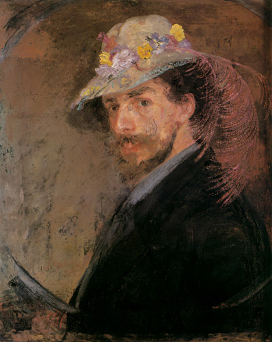 花飾りの帽子をかぶった自画像 [ジェームズ・アンソール, 1883年, アンソール展 仮面と幻想の巨匠より] パブリックドメイン画像 