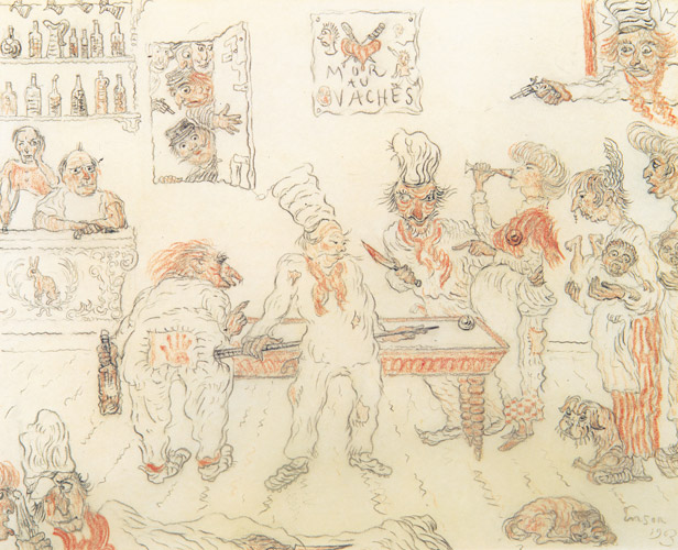 Waiters and cooks playing billiards [James Ensor, 1903, from James Ensor Exhibition Catalogue 1983-84]