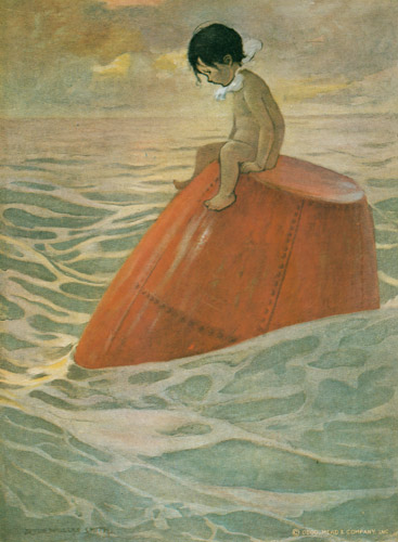 Plate 5 (Tom sat upon the buoy long days, long weeks, looking out to sea.) [Jessie Willcox Smith,  from The Water Babies]