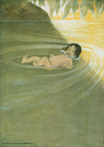 挿絵3 (水面に浮かんでいる水の赤ちゃんになった煙突掃除夫トム） [ジェシー・ウィルコックス・スミス, 水の子どもたちより]のサムネイル画像