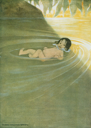 挿絵3 (水面に浮かんでいる水の赤ちゃんになった煙突掃除夫トム） [ジェシー・ウィルコックス・スミス, 水の子どもたちより] パブリックドメイン画像 