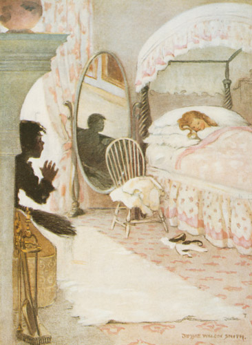 挿絵2 (ベッドで眠るエリーに遭遇する煤だらけの煙突掃除夫のトム） [ジェシー・ウィルコックス・スミス, 水の子どもたちより] パブリックドメイン画像 