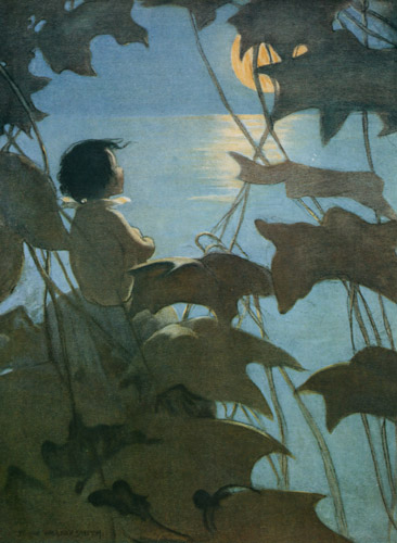 Plate 1 (He looked up at the broad yellow moon and thought that she looked at him.) [Jessie Willcox Smith,  from The Water Babies]