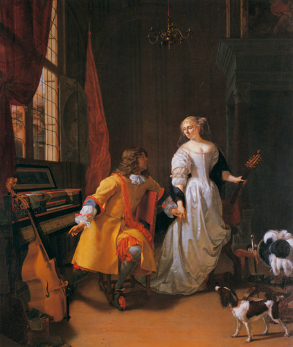 楽器を持つ優雅な男女 [ヤン・フェルコリエ, 1674年頃, フェルメール展 光の天才画家とデルフトの巨匠たちより] パブリックドメイン画像 