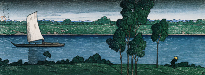 The Evening Falls on the Furukawa Embankment [Hasui Kawase, 1919, from Kawase Hasui 130th Anniversary Exhibition Catalogue]