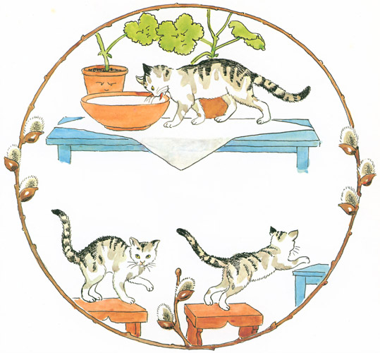 Plate 7 (Little little cat drinking milk) [Elsa Beskow,  from Tale of the Little Little Old Woman]