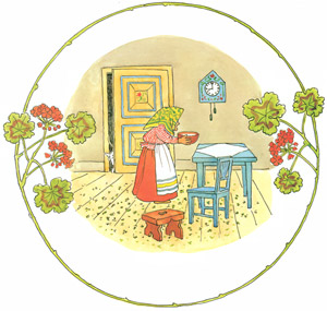 挿絵6 (小さな小さなテーブルの上に絞りたてのミルクを置く小さな小さなおばあちゃん） [エルサ・ベスコフ, ちいさなちいさなおばあちゃんより]のサムネイル画像