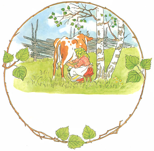 Plate 5 (Little little old woman milking a cow) [Elsa Beskow,  from Tale of the Little Little Old Woman]