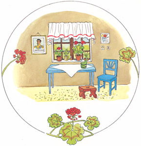 挿絵2 (小さな小さなテーブルと椅子と腰掛けと手桶がある家の中） [エルサ・ベスコフ, ちいさなちいさなおばあちゃんより]のサムネイル画像
