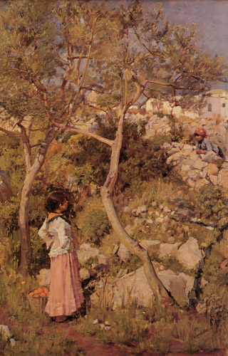 村のそばの二人のイタリアの女の子 [ジョン・ウィリアム・ウォーターハウス, 1875年, J.W. Waterhouseより] パブリックドメイン画像 