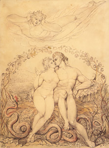 アダムとエヴァの抱擁をみつめるサタン [ウィリアム・ブレイク, 1806年, ウィンスロップ・コレクションより]のサムネイル画像