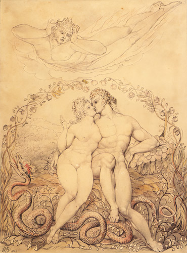 アダムとエヴァの抱擁をみつめるサタン [ウィリアム・ブレイク, 1806年, ウィンスロップ・コレクションより] パブリックドメイン画像 