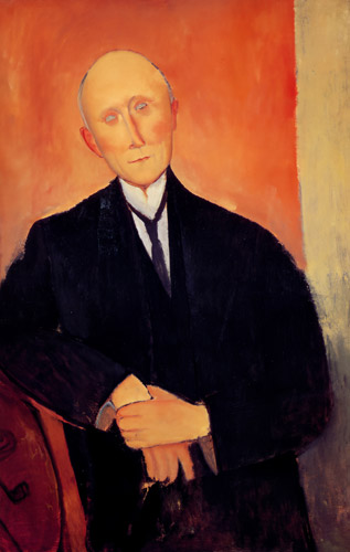 Man Sitting on Orange Background [Amedeo Modigliani, 1918, from Catalogue de l’Exposition Amedeo Modigliani]