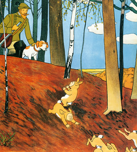 挿絵12 (猟師たちから逃げるうさぎの家族たちと逃げ遅れたうさぎのコスチュームを着た子供たち） [ジビュレ・フォン オルファース, うさぎのくにへより]のサムネイル画像