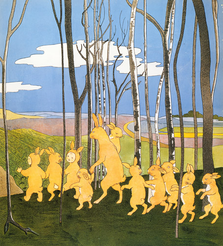 挿絵10 (散歩に出かけるうさぎの家族と兎のコスチュームを着た子供たち） [ジビュレ・フォン オルファース, うさぎのくにへより] パブリックドメイン画像 