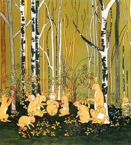 挿絵8 (イチゴを食べるうさぎの家族とうさぎのコスチュームを着た子供たち） [ジビュレ・フォン オルファース, うさぎのくにへより] パブリックドメイン画像 