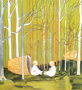 挿絵2 (お父さんがきのこを採っている間に、籠から転げて目覚めた子供たちとびっくりする母さんうさぎ） [ジビュレ・フォン オルファース, うさぎのくにへより]のサムネイル画像