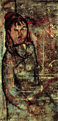 コップを持って坐る女 [アメデオ・モディリアーニ, 1914-1915年頃, 「モディリアーニ展」カタログより] パブリックドメイン画像 