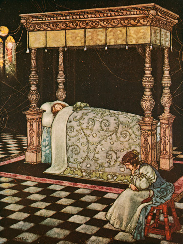 眠れる森の美女の挿絵 [ウィリアム・ヒース・ロビンソン, 1921年, The Fantastic Paintings of Charles & William Heath Robinsonより] パブリックドメイン画像 